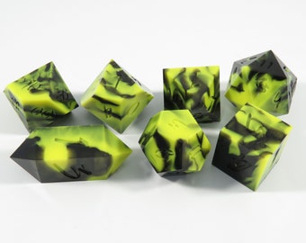 One of kind,  Neon Bumblebee, SHARP Polyhedral Dice Set