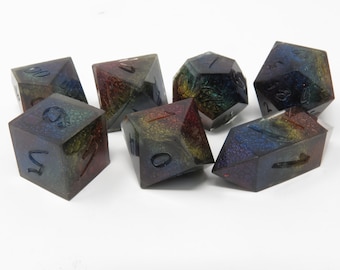 One of kind, Skin of the Rainbow Dragon,  Colorshift Dragonskin, SHARP Polyhedral Dice Set