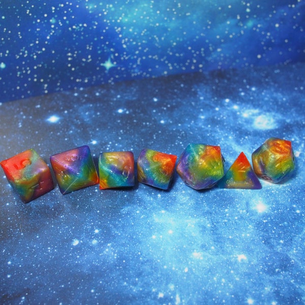 One of kind, Rainbow Swirl , Polyhedral Dice Set