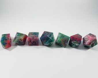 One of kind, Dirty Poly Riptide, UV reactive, SHARP Polyhedral Dice Set