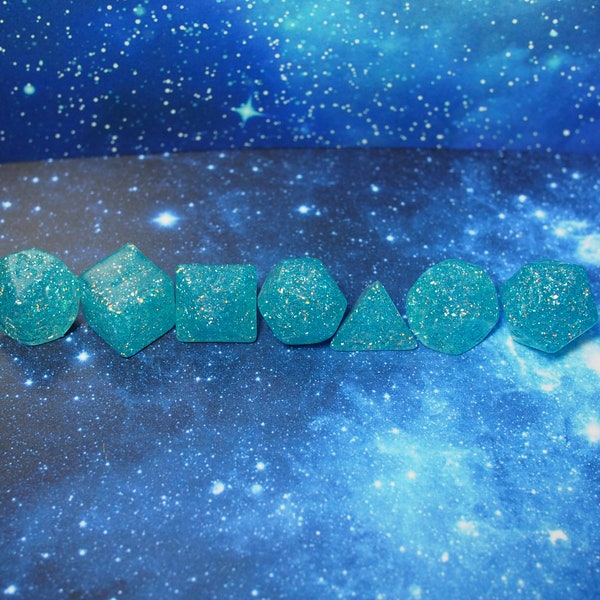 One of kind, Turbo Glitter Sea Glass Blue , Polyhedral Dice Set