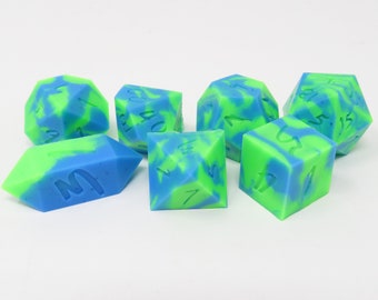 One of kind, SQUISHY Neon Lagoon  (Silicone Rubber),  SHARP Polyhedral Dice Set