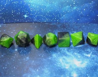 One of kind, Opaque Neon Green / Black swirl , Polyhedral Dice Set