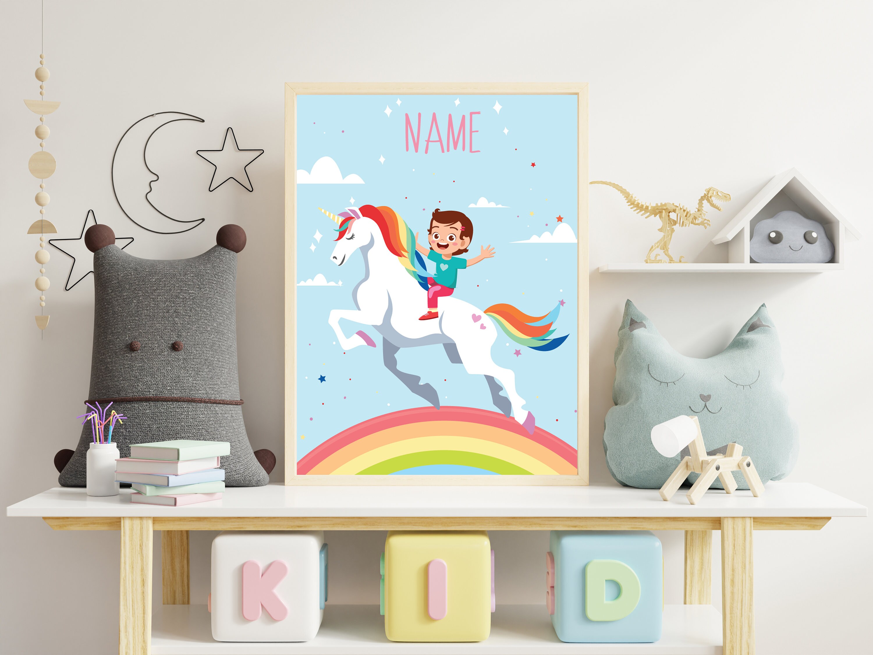 Poster Personnalisé Pour Enfant Theme Licorne, Garçon et Fille, Illustration Mixte avec Prénom Perso