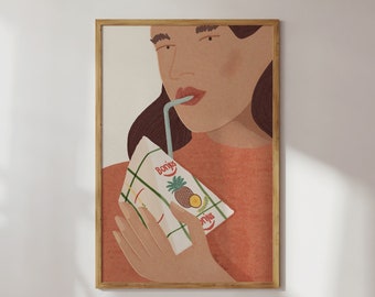 Bonjus Portrait Print - Mid Century Print, Lebanon art, Juice box print, Woman illustration print