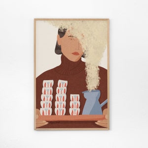 Qahwah Portrait Print - Mid Century Print, Lebanon art, Coffee print, Woman illustration print, Cozy interior print
