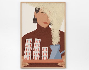 Qahwah Portrait Druck - Mid Century Druck, Libanon Kunst, Kaffee Druck, Frauen Illustration Druck, Gemütlicher Innendruck
