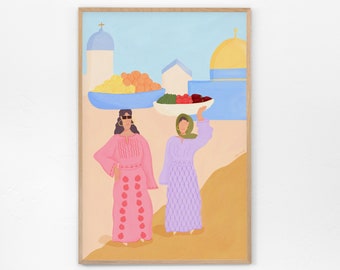 Women carrying baskets in Jerusalem - Palestinian Art, Women in thobes