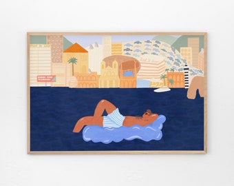 May include: A digital illustration of a person relaxing on a blue inflatable raft in a body of water. The person is wearing a blue and white striped swimsuit and sunglasses. The background features a cityscape with buildings and palm trees.