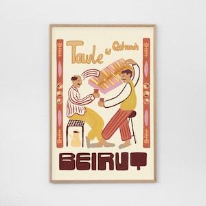 Puede incluir: Una impresión artística enmarcada con una ilustración estilizada de dos figuras jugando un juego, con el texto "Tawle w Qahwah" y "BEIRUT". La obra de arte utiliza una paleta de colores cálidos beige, marrón, amarillo y rosa.