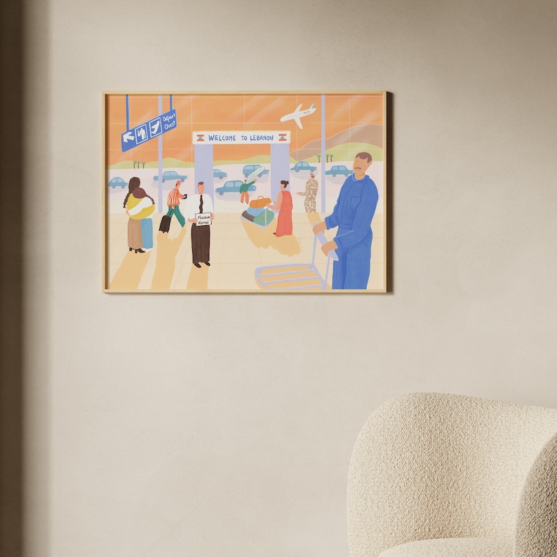Pu&ograve; includere: Un'illustrazione colorata di persone che arrivano in aeroporto. Il cartello recita "Benvenuti in Libano".