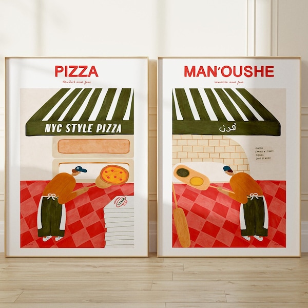 Estampes d'art Pizza et Man'oushe - Collection Du Liban à l'Amérique - Affiche de musée, art du Liban, estampe de Beyrouth