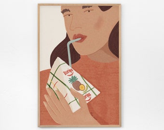 Bonjus Portrait Print - Mid Century Print, Lebanon art, Juice box print, Woman illustration print