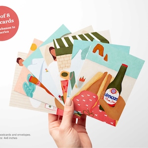 Pacote de 8 cartões postais com envelopes - Do Líbano à América - Cartões de felicitações, Cartões postais do Líbano, Arte de Beirute