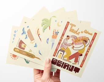 Beirut Collection Postcards - Pack of 12 postcards with envelopes - Beirut Souvenirs, Greeting Cards, Lebanon Postcards, Lebanese Art