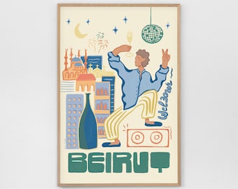 May include: A colorful illustration of a person dancing in front of a cityscape with the word "BEIRUT" in green letters. The person is wearing a blue shirt and yellow pants and holding a glass of champagne. The cityscape includes buildings, minarets, and a disco ball.