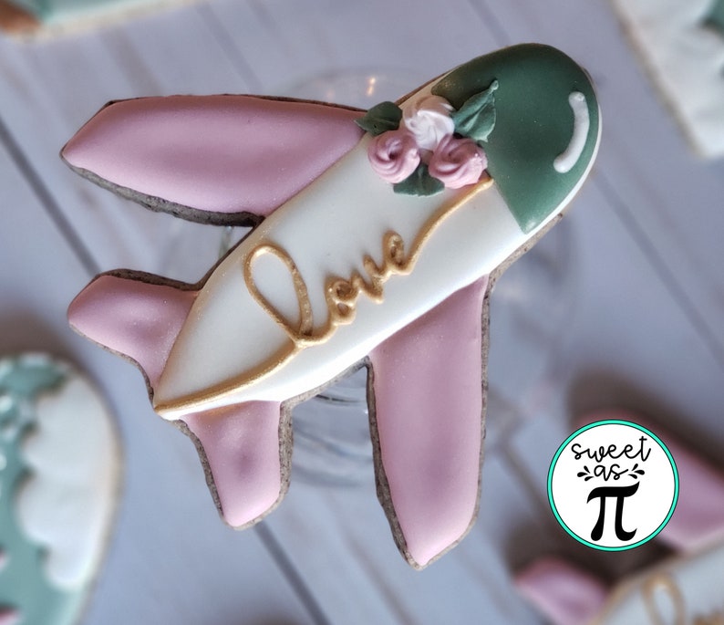 May include: A pink and white airplane cookie decorated with green icing and pink flowers. The cookie has the word "Love" written in gold icing.