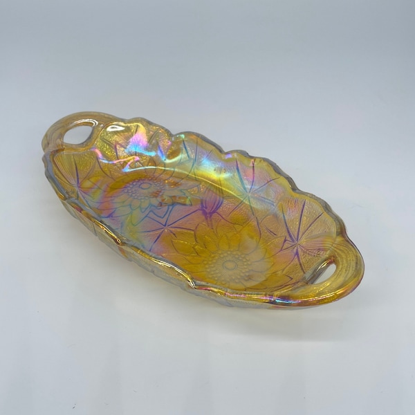 Vintage Yellow Carnival Glass Dish- Candy Dish Flower Pattern Iridescent