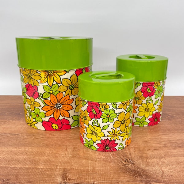 Vintage Tin Canister Set - Floral Retro Metal Canisters Royal Sealy Japan
