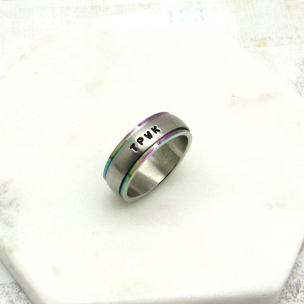 Personalized Hand Stamped Spinner Ring-Name ring-Custom Ring-Promise Ring-Friendship ring-Love ring-Comfort Fit ring- Rainbow ring