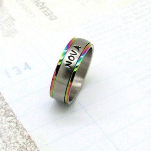 Personalized Hand Stamped Spinner Ring-Name ring-Custom Ring-Promise Ring-Friendship ring-Love ring-Comfort Fit ring- Rainbow ring