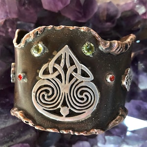Copper Cuff Bracelet with Sterling Celtic symbols and peridot and carnelian cabochon settings