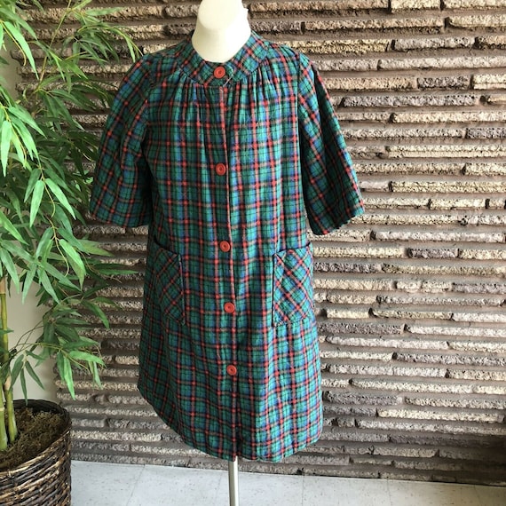 Vintage 1960s Plaid Quilted House Coat Robe
