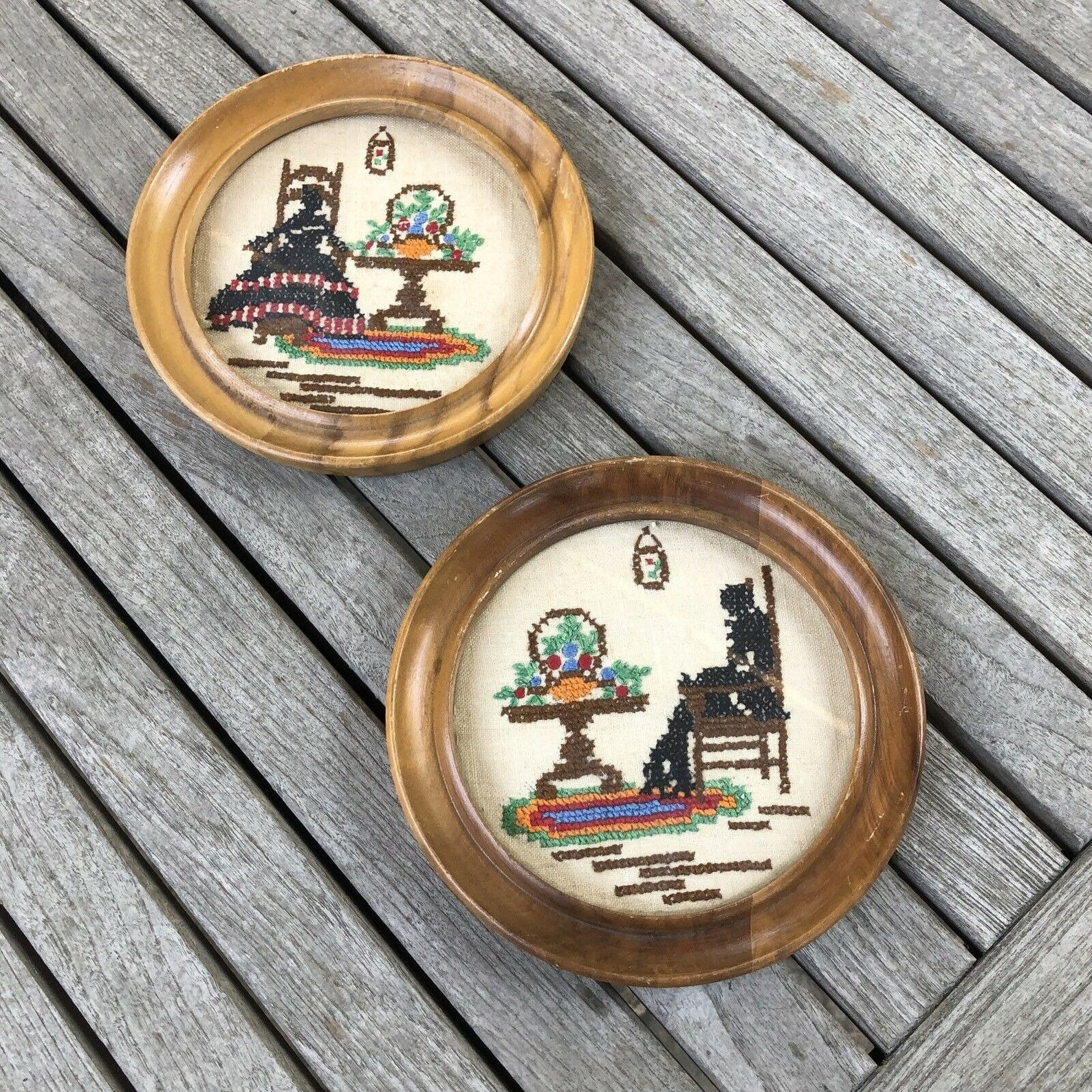 Vintage Small Cross Stitch Round Pictures in Wood Frames A Etsy