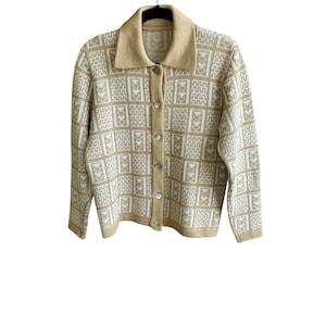 Vintage 100% Wool Tan and Gray Geometric Print Collared Boxy Cardigan Sweater