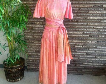 Vintage Handmade Ethnic Mid Eastern Salmon Pink Gold Maxi Dress Flutter Sleeves