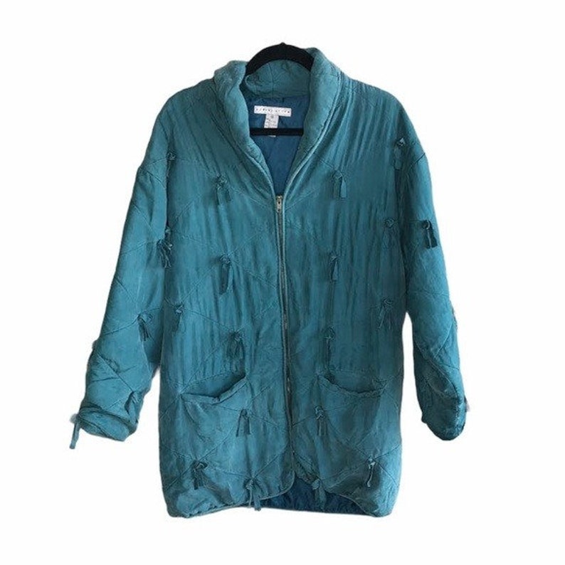 Robert Stock Vtg 80s Teal Silk Quilted Puffer Jacket