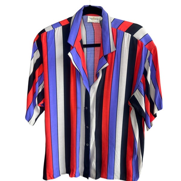 Blusa vintage de manga corta con rayas anchas y llamativas de los años 80 de Oleg Cassini, talla 14
