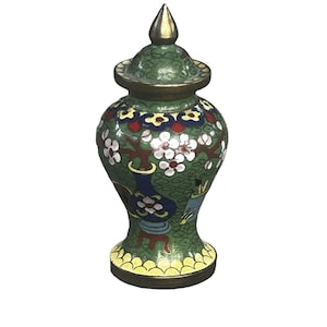 Vintage Chinese Green Floral Cloisonne Urn Ginger Jar Small