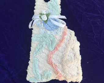 Vintage Chenille Colorful Pastel Handmade Kitty Cat Pillow Ribbon Detail