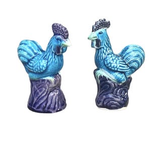 Chinese Antique Early 20th Century Turquoise Blue Glazed Roosters - A Pair