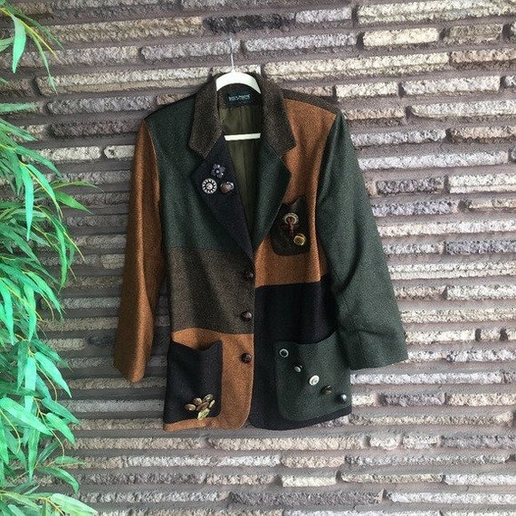 Wool Patchwork Blazer Vintage Upcycled Button Deta