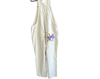 Old Navy Cream Jean Carpenter Bib Overalls Y2K Butterfly Upcycled Size 18