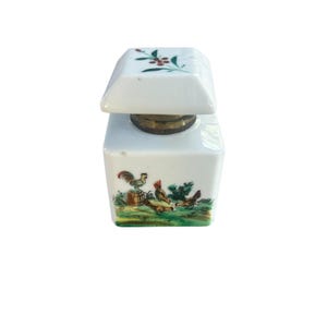Antique Porcelain Hand Painted Inkwell Chickens and Flowers