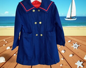 Abrigo náutico azul vintage de los años 60 para niña de Millicent's of San Francisco, talla 6
