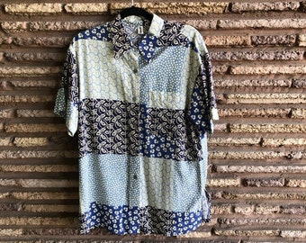 Vintage 90s Blue Patchwork Batik Oversized Blouse Shirt