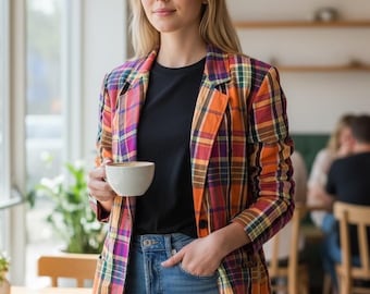 Gitano Vintage 80s Blazer Seersucker Madras Plaid Unstructured Size Large