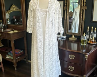 Glydons Vintage 70s White Chiffon Gown And Lace Robe Peignoir Set Wedding