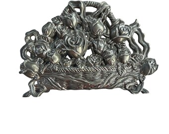 International MCM Silver Company Vintage Rose Floral Basket Napkin Holder