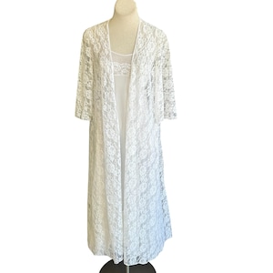 Glydons Vintage 70s White Chiffon Gown And Lace Robe Peignoir Set Wedding