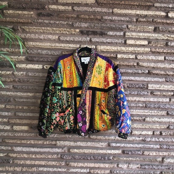 Vtg Batik Bohemian Hippie Patchwork Puffer Jacket