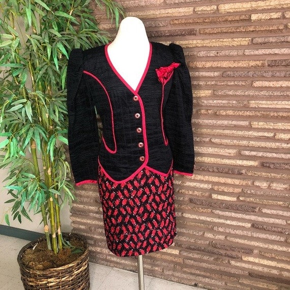 Jeanne Marc Vintage 80s Puckered Red Black Suit