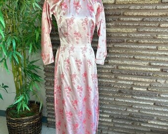 Chinesisches Vintage Cheongsam Qipao Rosa Brokat Maxikleid