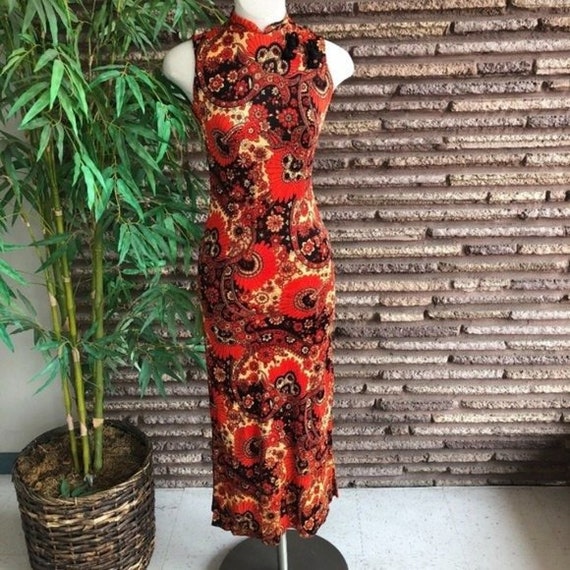 Vintage 60s Cheongsam Style Sleeveless Maxi Dress