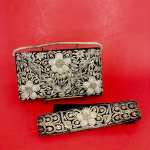 Vintage Zardozi Metal  Embroidered Floral Purse and Matching Belt