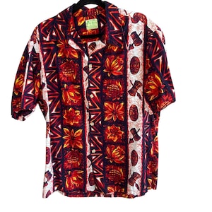 Ui-Maikai Vintage 70s Men&#39;s Hawaiian Red Tribal Print Shirt